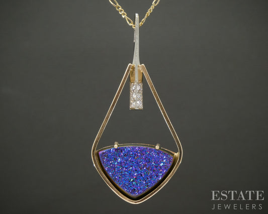 14k Yellow Gold Druzy Quartz & Diamond Custom Necklace 6.3g 18"L p15896