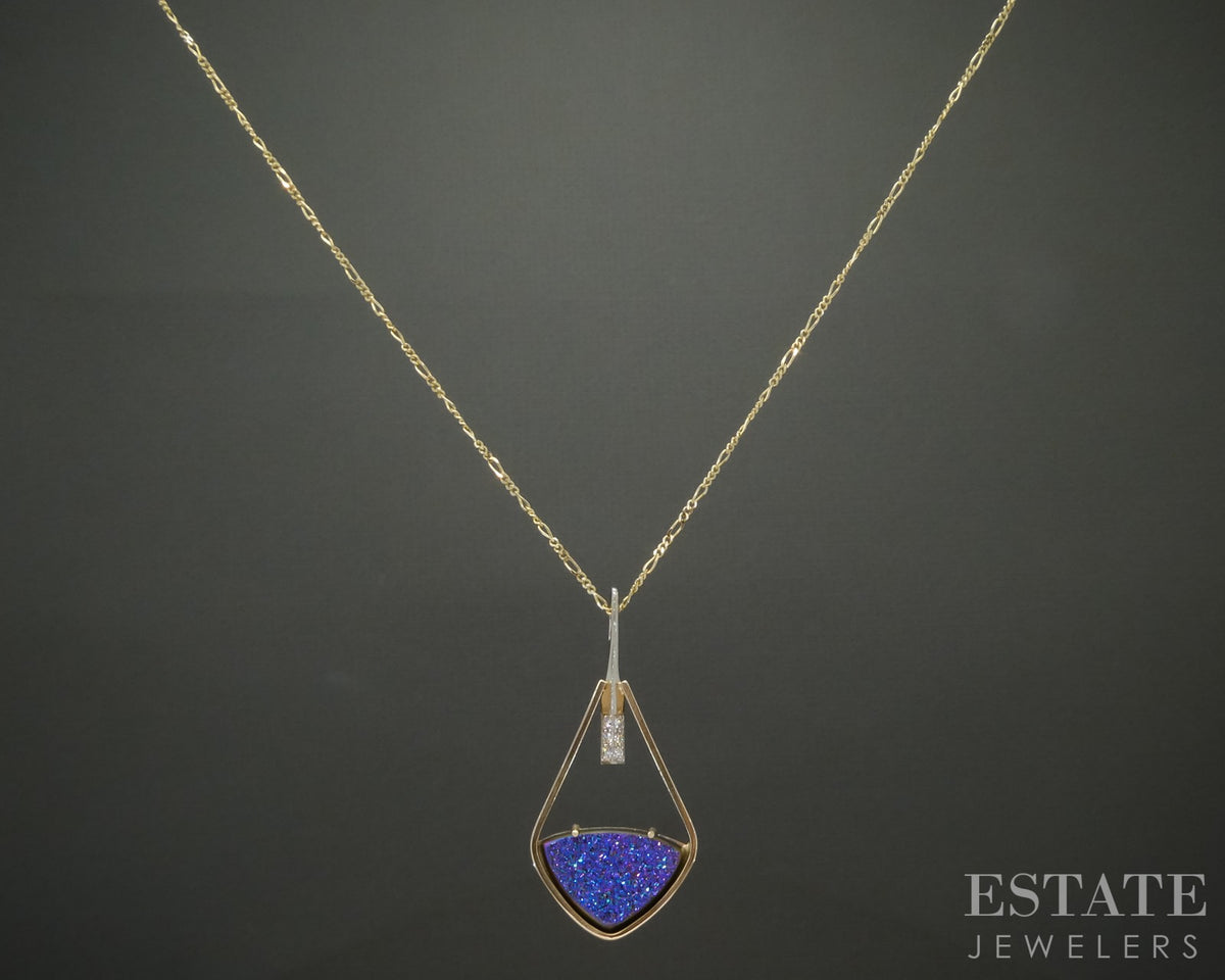 14k Yellow Gold Druzy Quartz & Diamond Custom Necklace 6.3g 18"L p15896