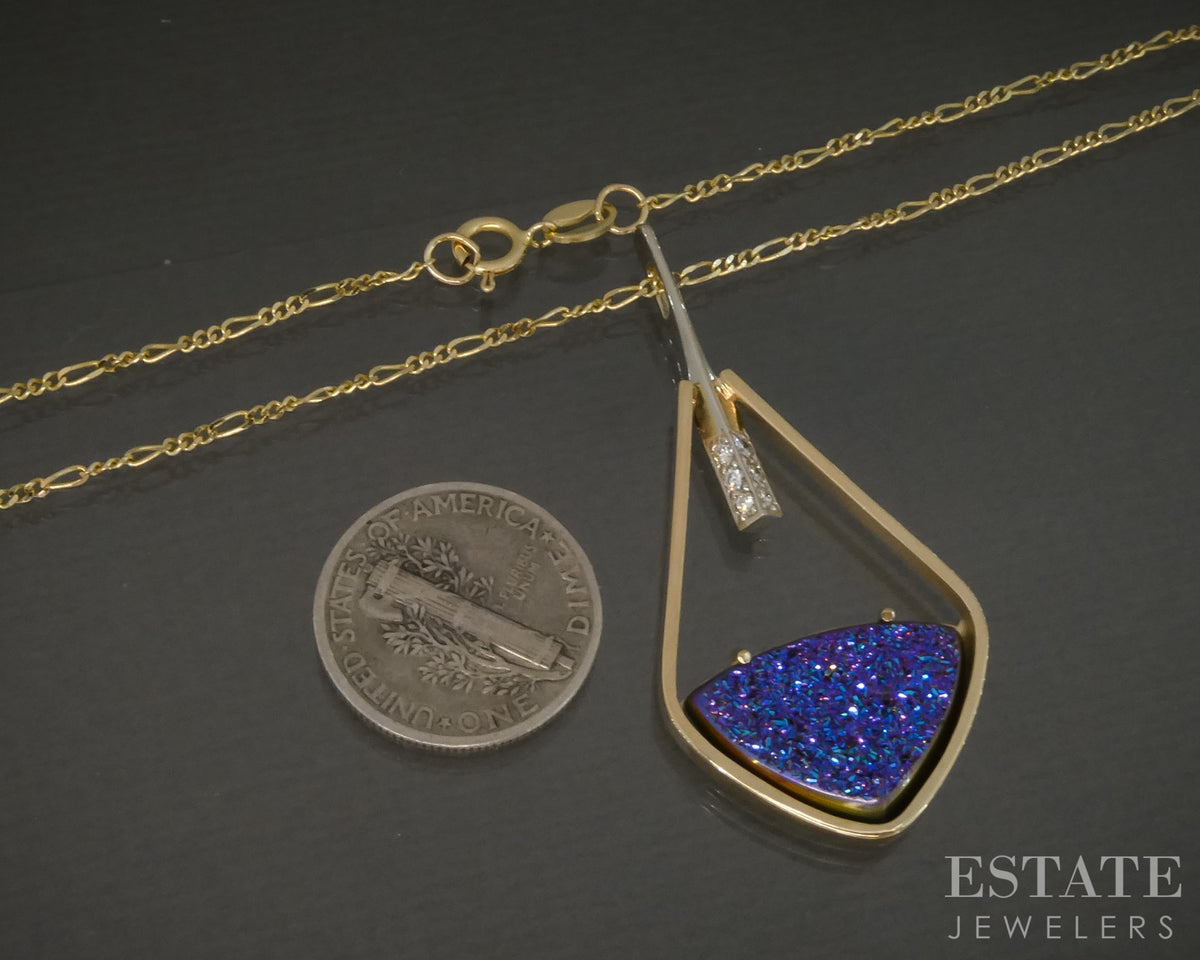 14k Yellow Gold Druzy Quartz & Diamond Custom Necklace 6.3g 18"L p15896
