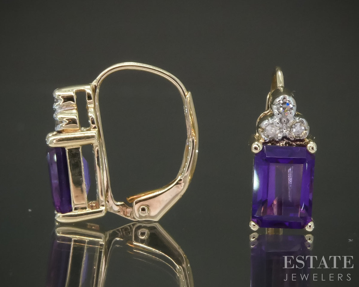 10k Yellow Gold Natural Amethyst & Diamond Lever Back Earrings 2.2g p28495