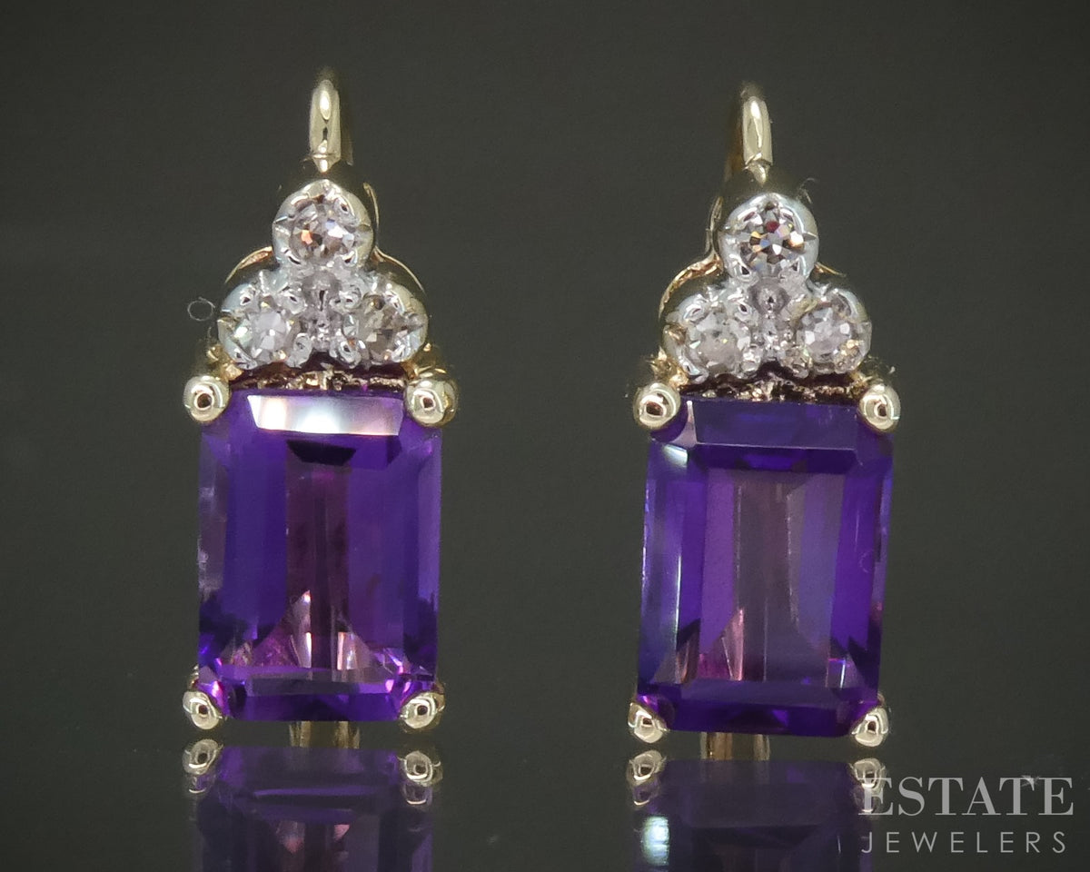 10k Yellow Gold Natural Amethyst & Diamond Lever Back Earrings 2.2g p28495