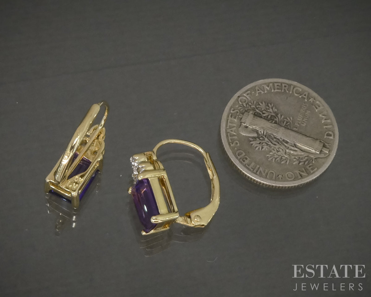 10k Yellow Gold Natural Amethyst & Diamond Lever Back Earrings 2.2g p28495