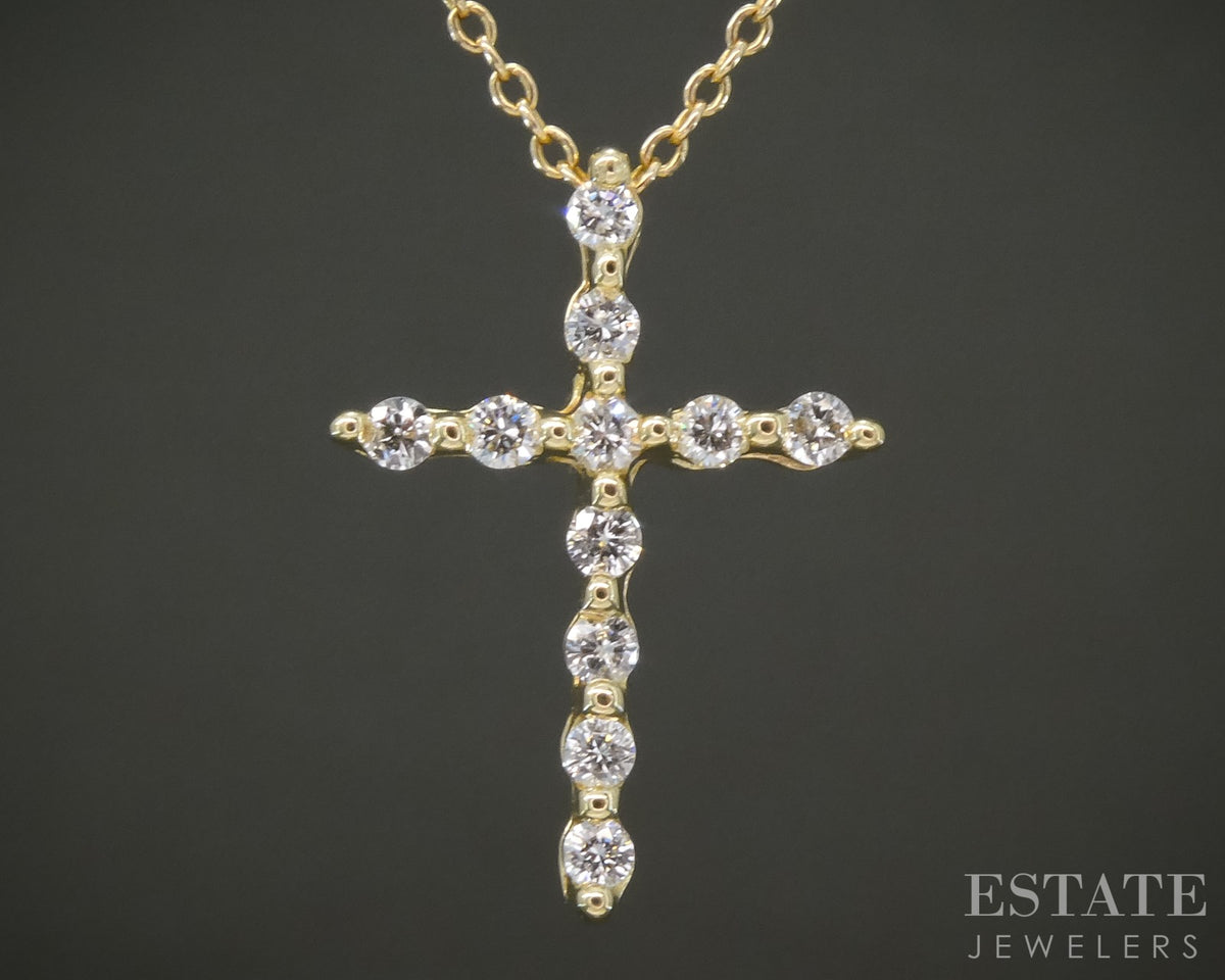 18k/14k Yellow Gold Natural .22ctw Diamond Cross Necklace 2.7g 18"L p28503
