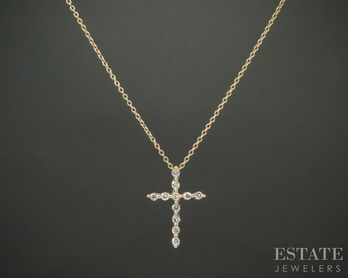 18k/14k Yellow Gold Natural .22ctw Diamond Cross Necklace 2.7g 18"L p28503