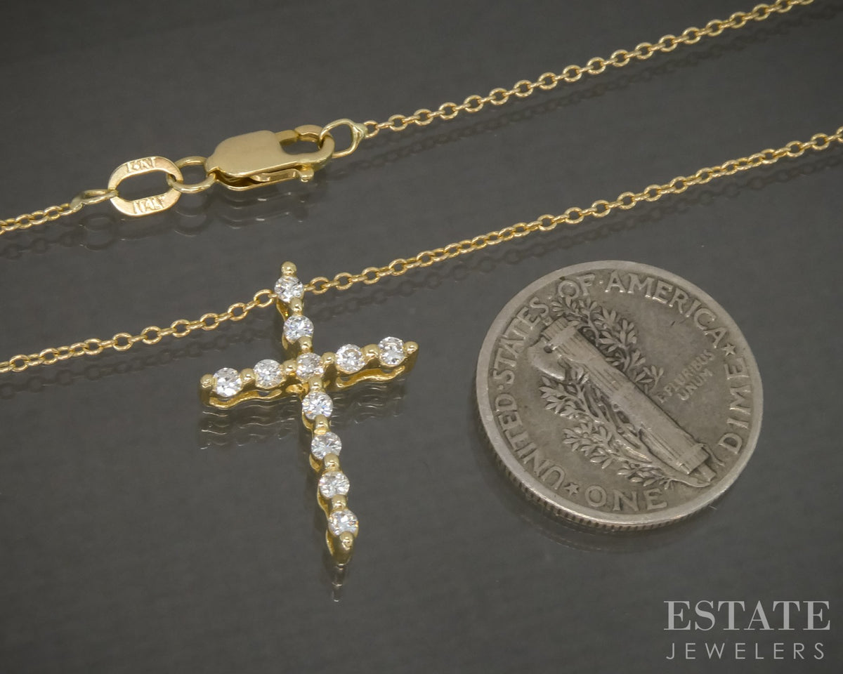 18k/14k Yellow Gold Natural .22ctw Diamond Cross Necklace 2.7g 18"L p28503