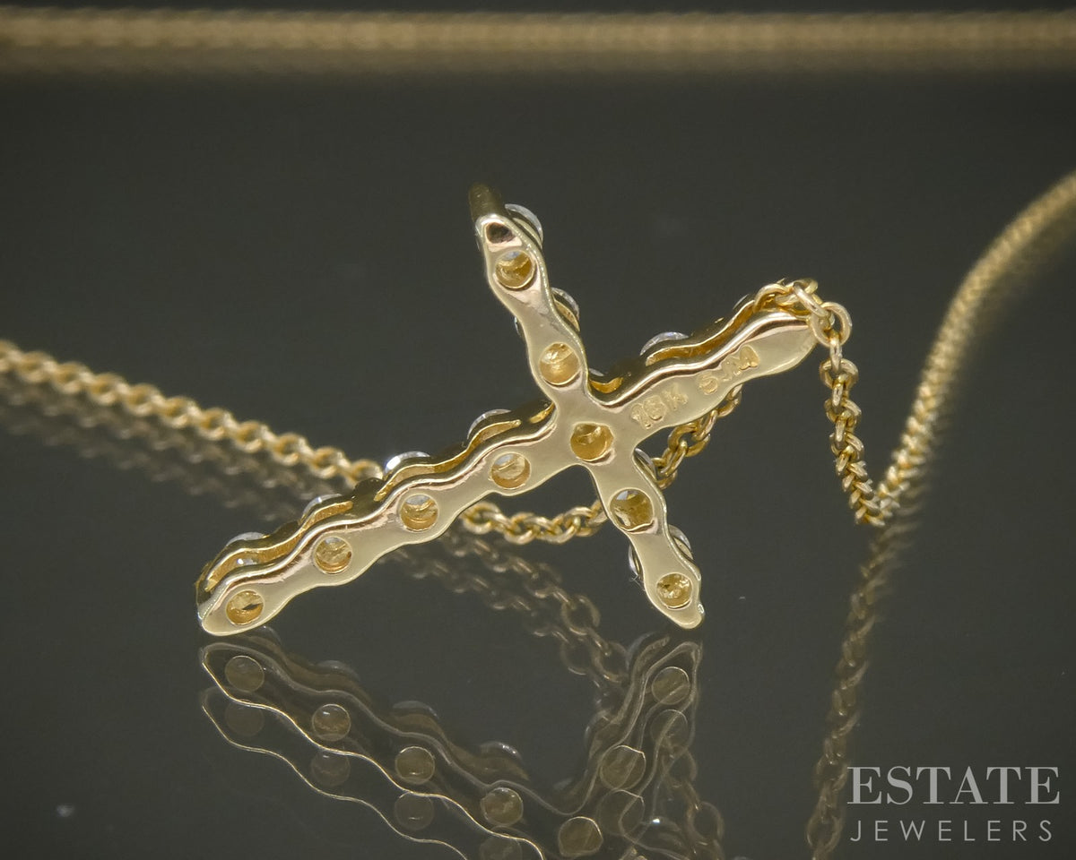 18k/14k Yellow Gold Natural .22ctw Diamond Cross Necklace 2.7g 18"L p28503