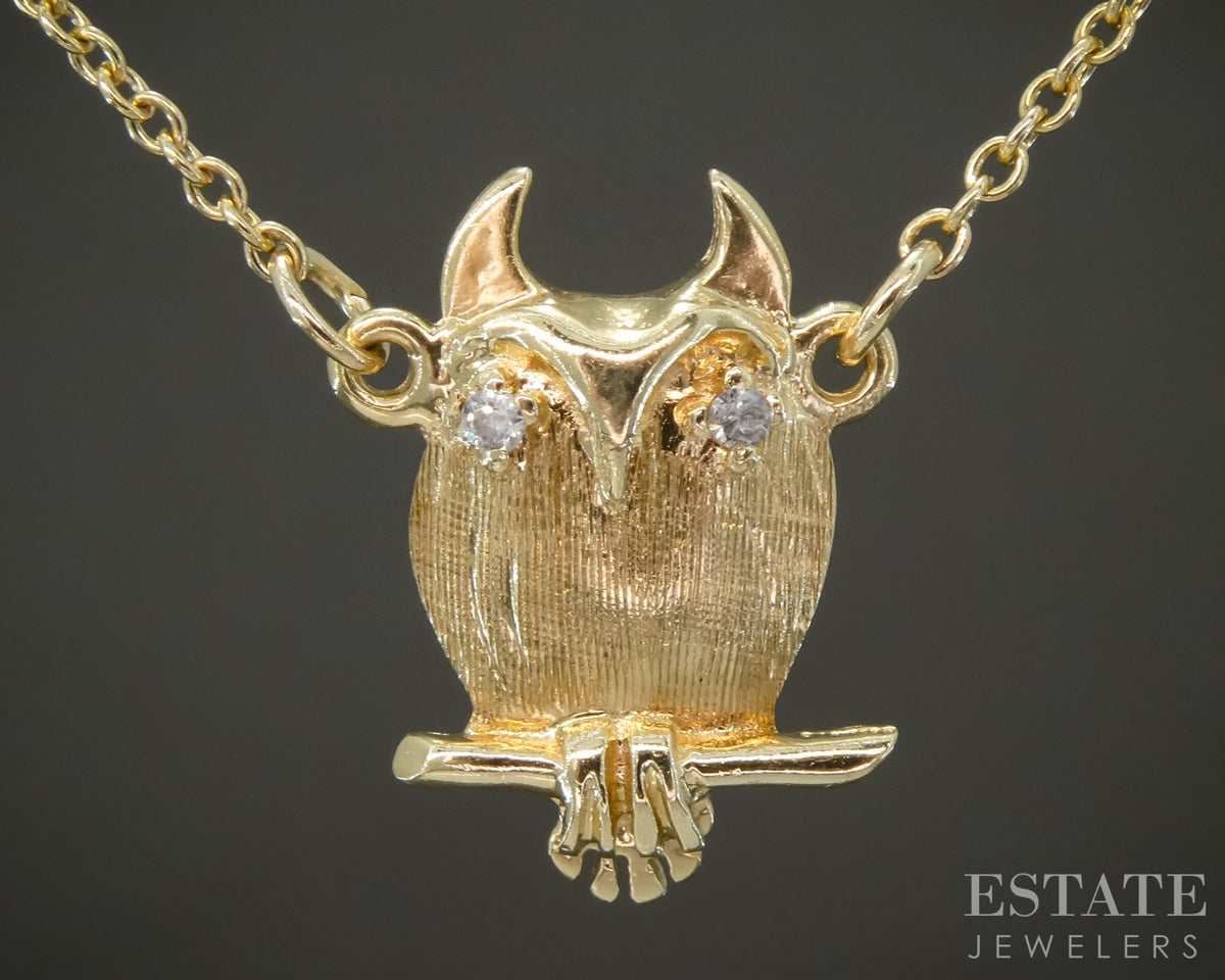 14k Yellow Gold Natural Diamond Owl Ladies Necklace 2.8g 18"L p28933