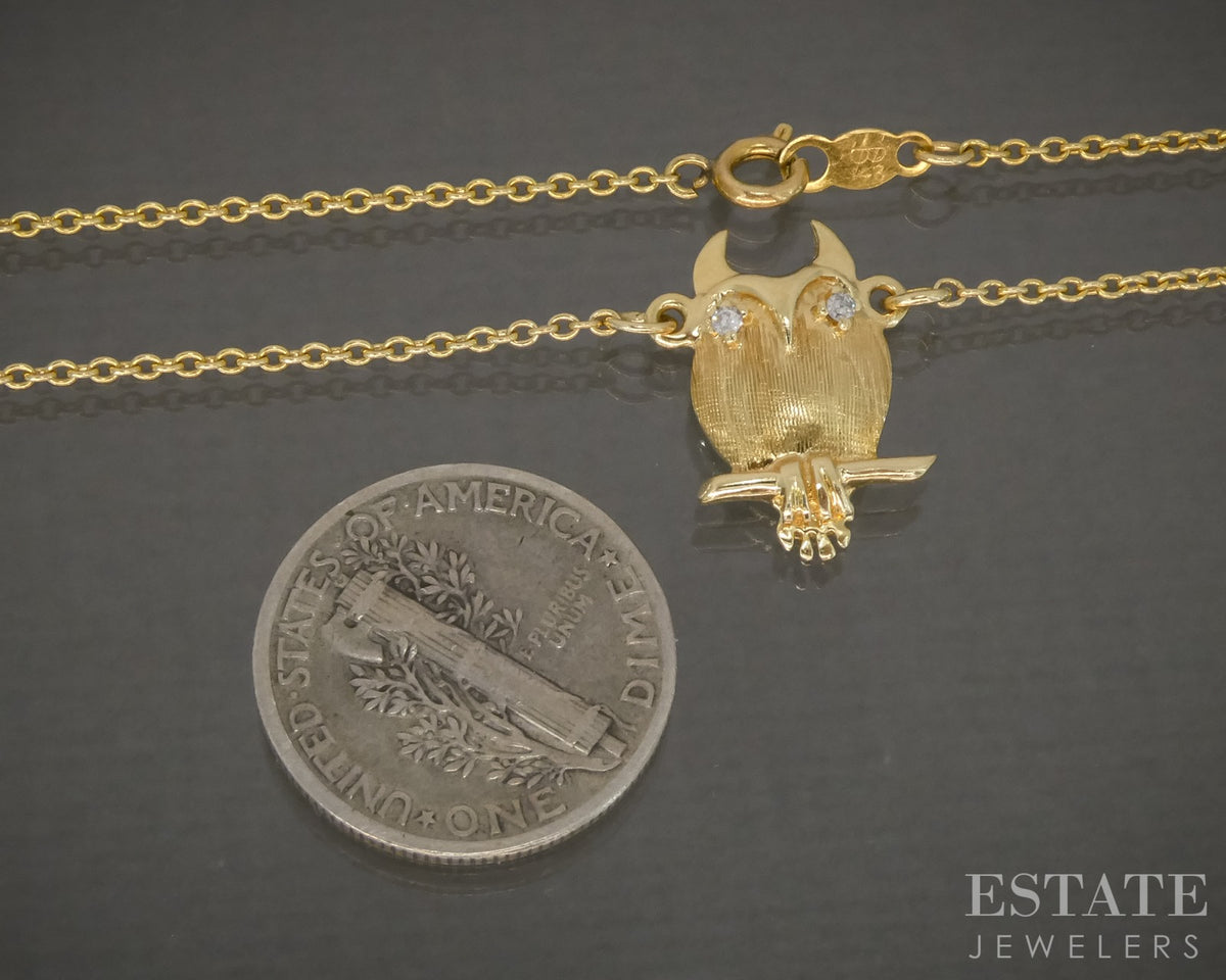 14k Yellow Gold Natural Diamond Owl Ladies Necklace 2.8g 18"L p28933