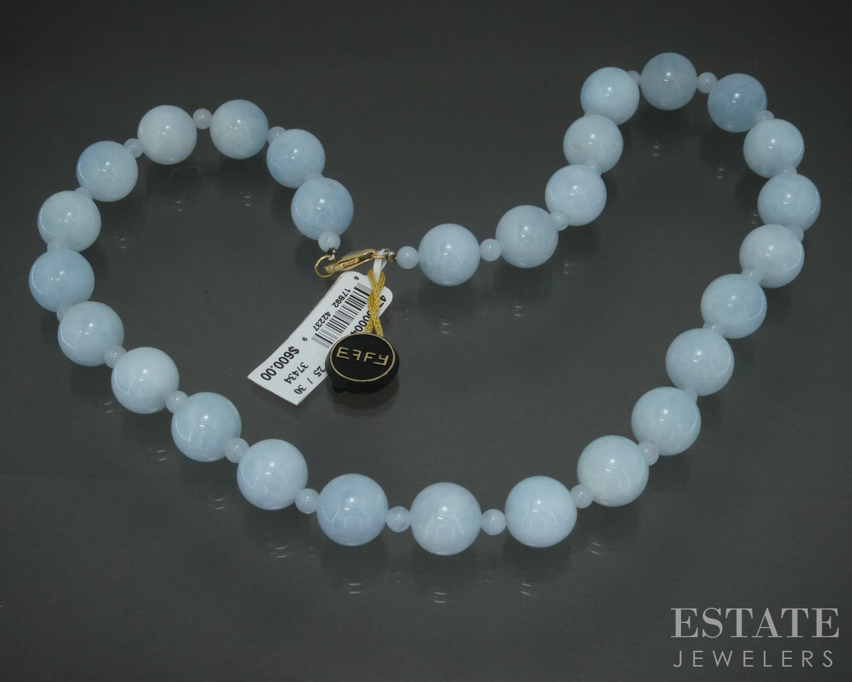 14k Yellow Gold EFFY Natural Milky Aquamarine Beaded Necklace 18"L p30601