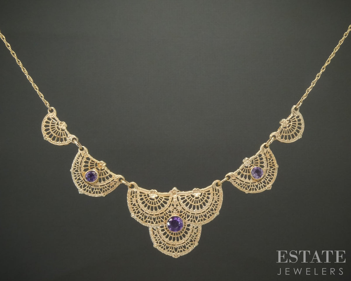 Vintage 14k Yellow Gold Natural Amethyst Filigree Necklace 6.9g 22"L p27843