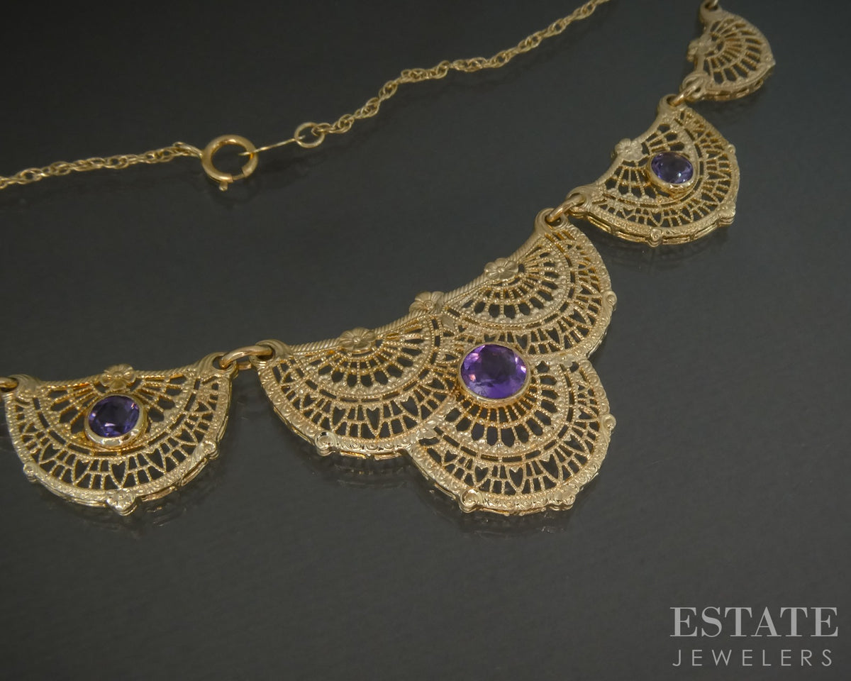 Vintage 14k Yellow Gold Natural Amethyst Filigree Necklace 6.9g 22"L p27843
