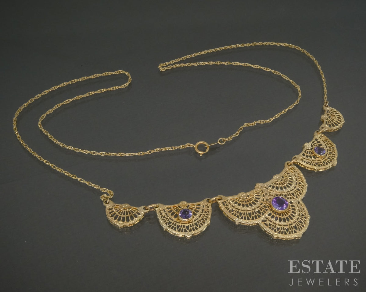Vintage 14k Yellow Gold Natural Amethyst Filigree Necklace 6.9g 22"L p27843