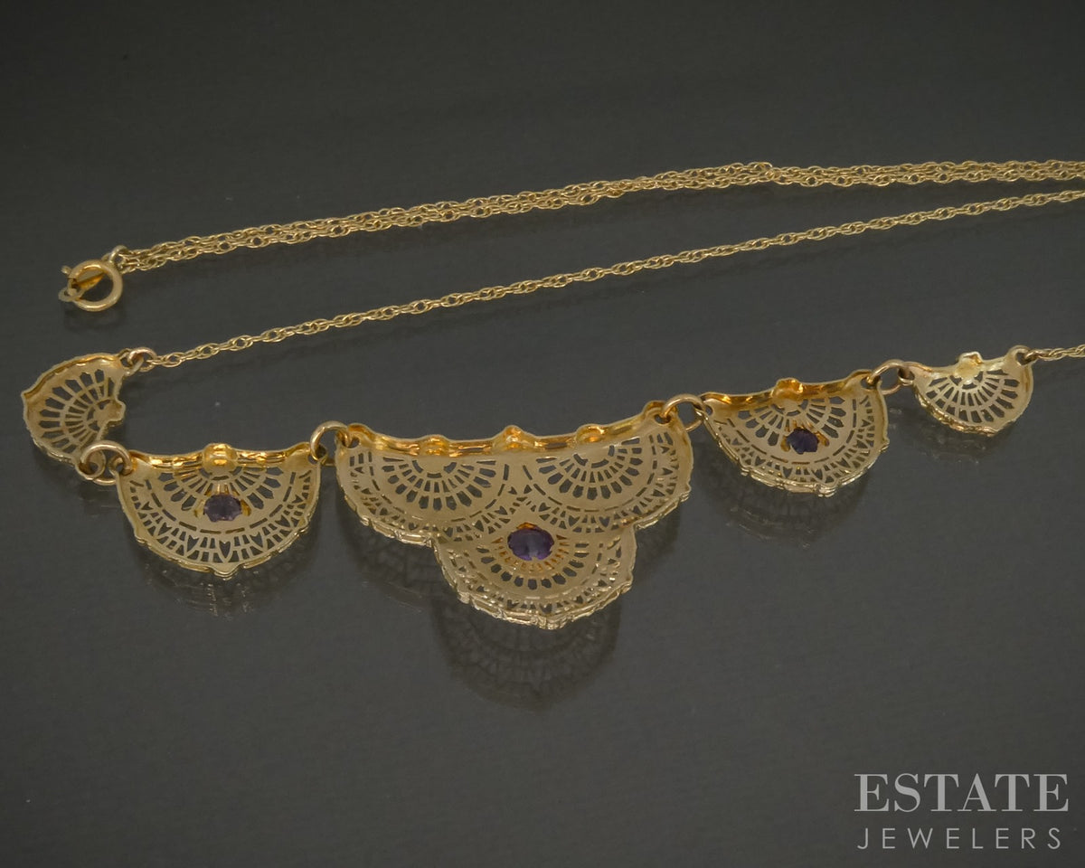 Vintage 14k Yellow Gold Natural Amethyst Filigree Necklace 6.9g 22"L p27843