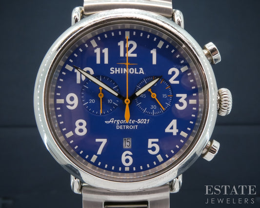 Shinola Runwell Chronograph 47mm Stainless Blue Dial Bracelet Mens Watch p26821