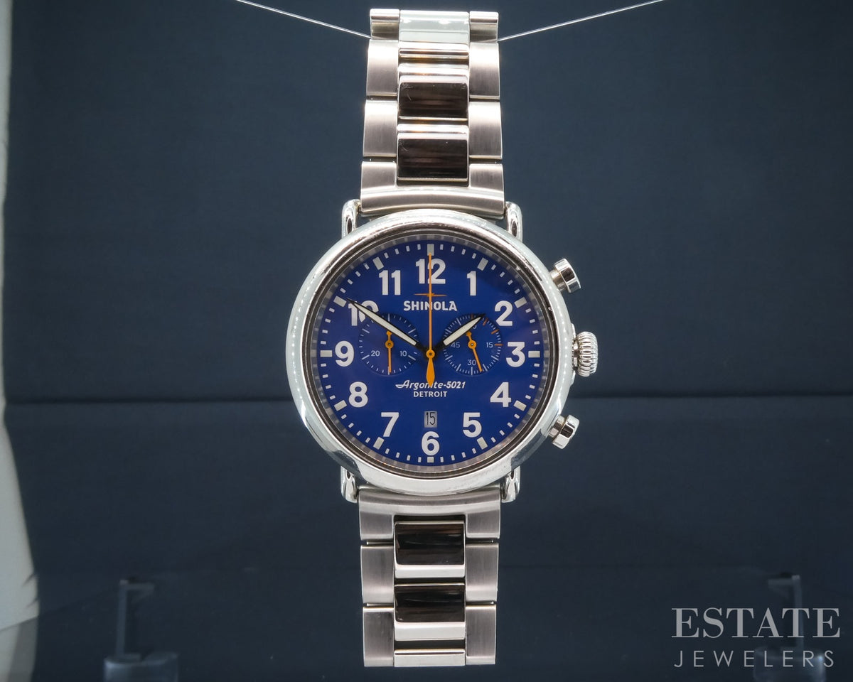 Shinola Runwell Chronograph 47mm Stainless Blue Dial Bracelet Mens Watch p26821