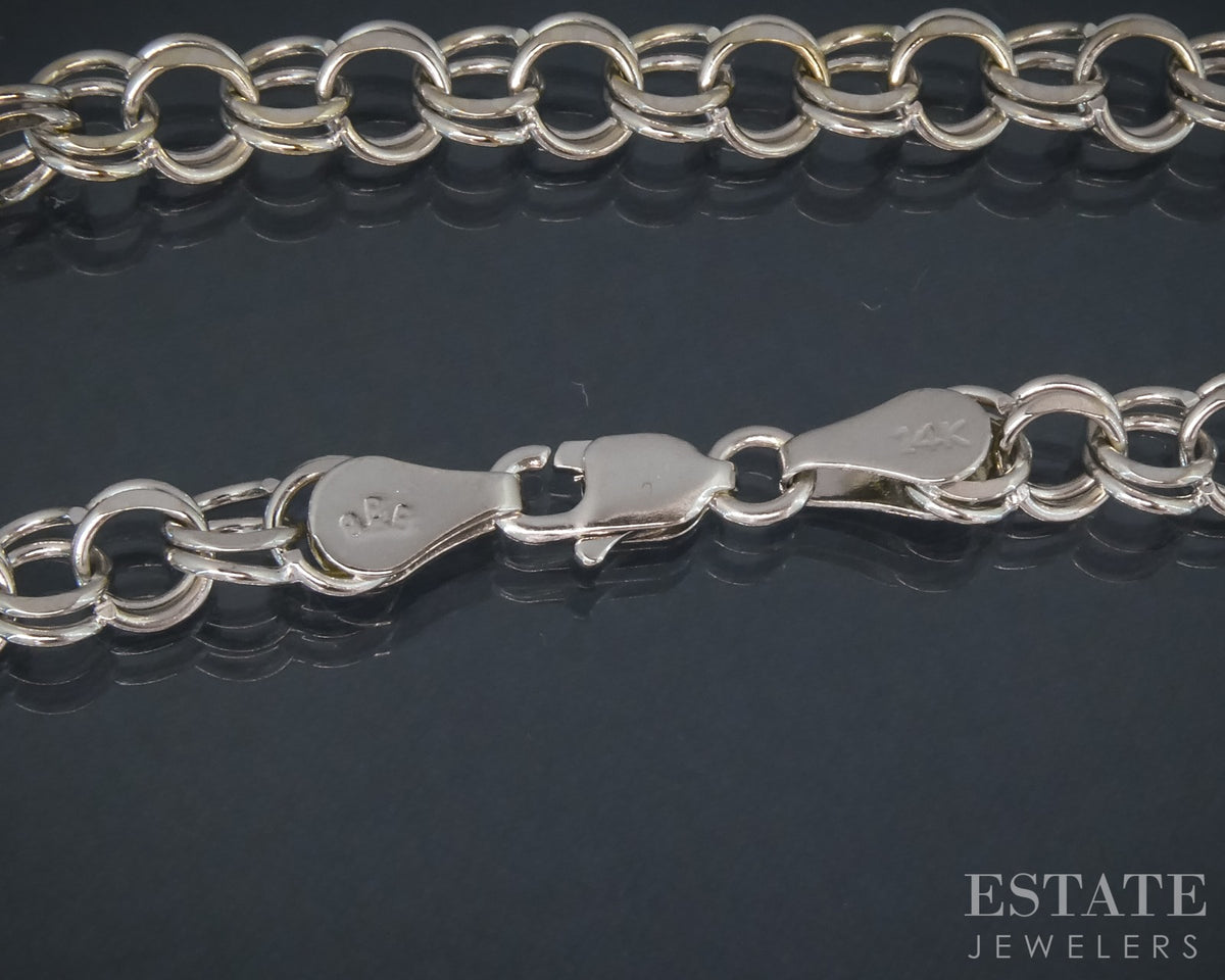 14k White Gold Double Charm Chain Link Bracelet 5.6g 7.25"L p30466
