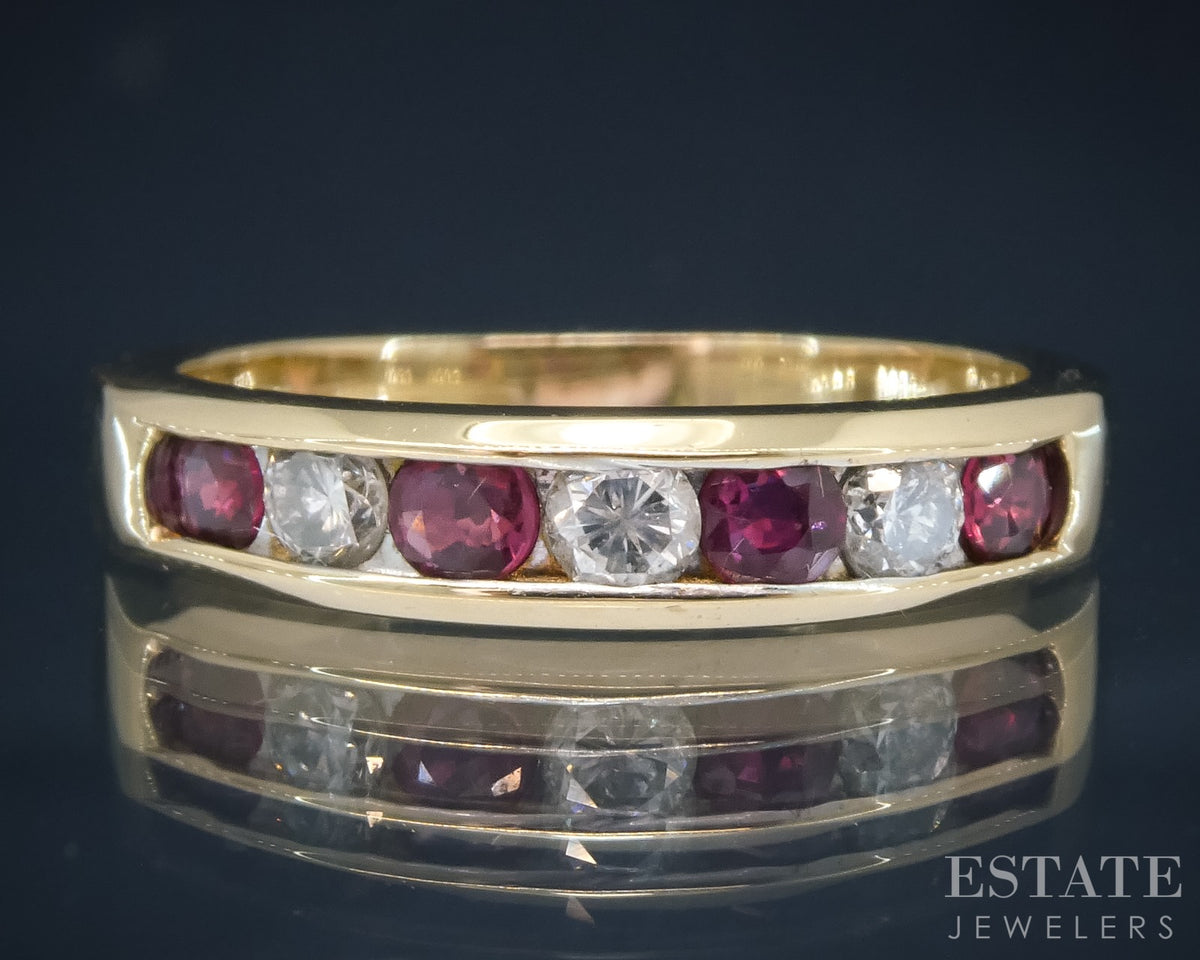 14k Yellow Gold Natural Ruby & Diamond Ladies Band Ring 3.4g p30596