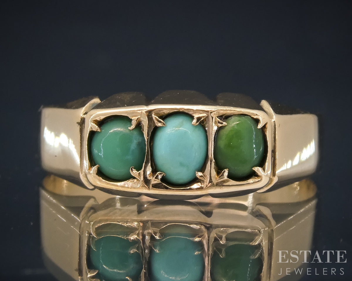 Antique Victorian 14k Yellow Gold Natural Turquoise Ladies Band Ring 3g p30613