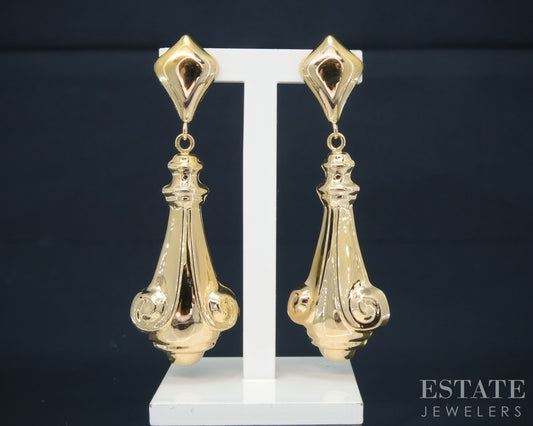Vintage 18k Yellow Gold Puffy Scroll Dangle Earrings 3.5g p30588