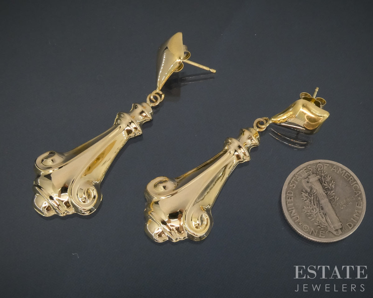 Vintage 18k Yellow Gold Puffy Scroll Dangle Earrings 3.5g p30588