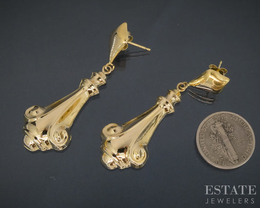 Vintage 18k Yellow Gold Puffy Scroll Dangle Earrings 3.5g p30588