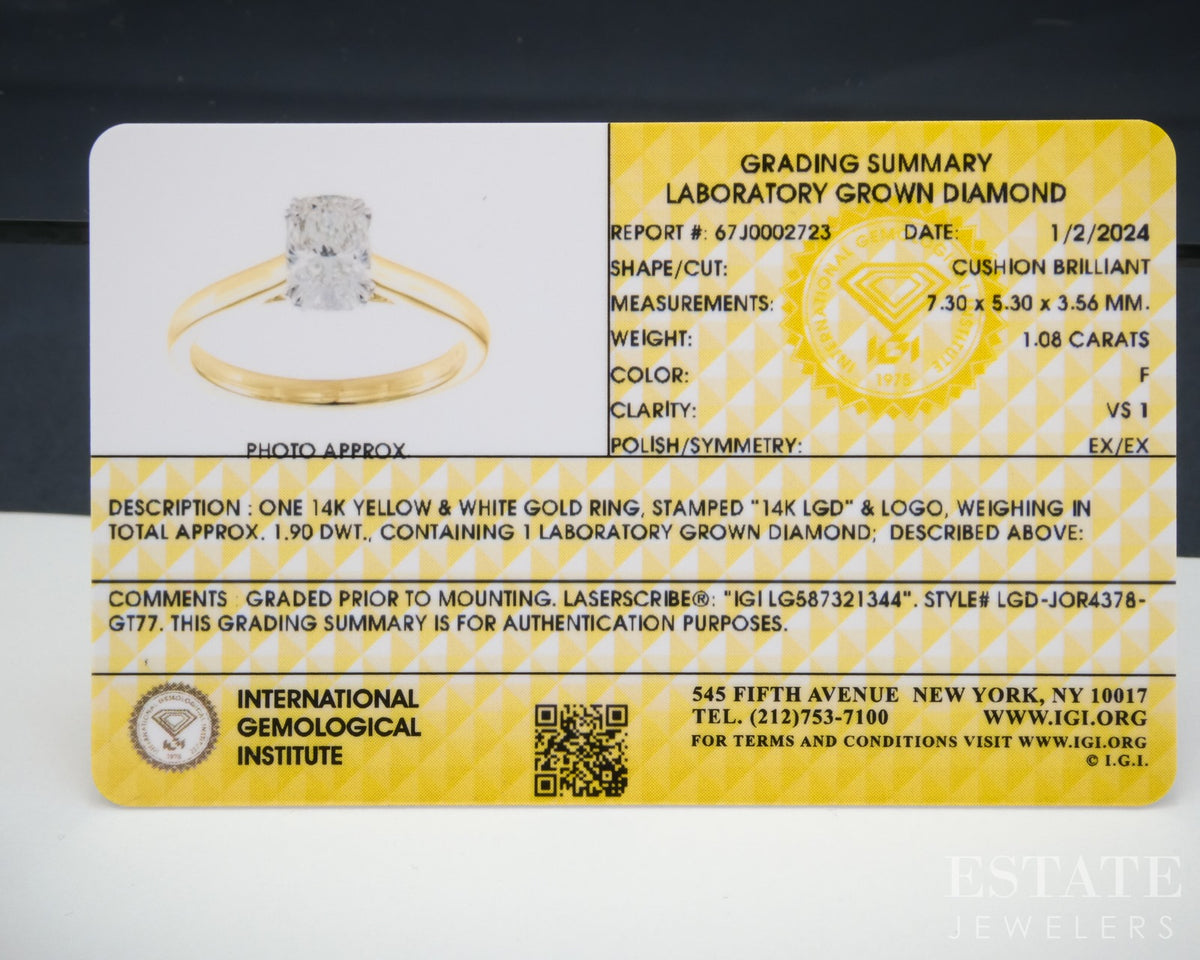 14k Yellow Gold IGI Cushion Lab Created 1.08ct Diamond Solitaire Ring p30330