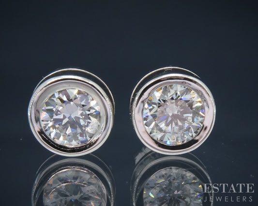 14k White Gold Round Natural .87ctw Diamond Bezel Stud Earrings p30615