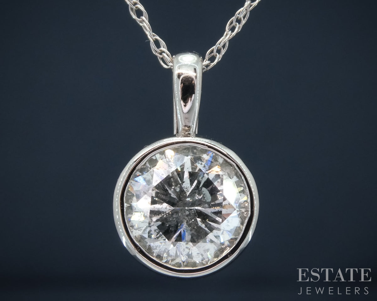 14k White Gold Round Natural 1.96ct Diamond Bezel Solitaire Necklace 2.5g p30614