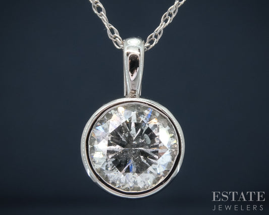 14k White Gold Round Natural 1.96ct Diamond Bezel Solitaire Necklace 2.5g p30614