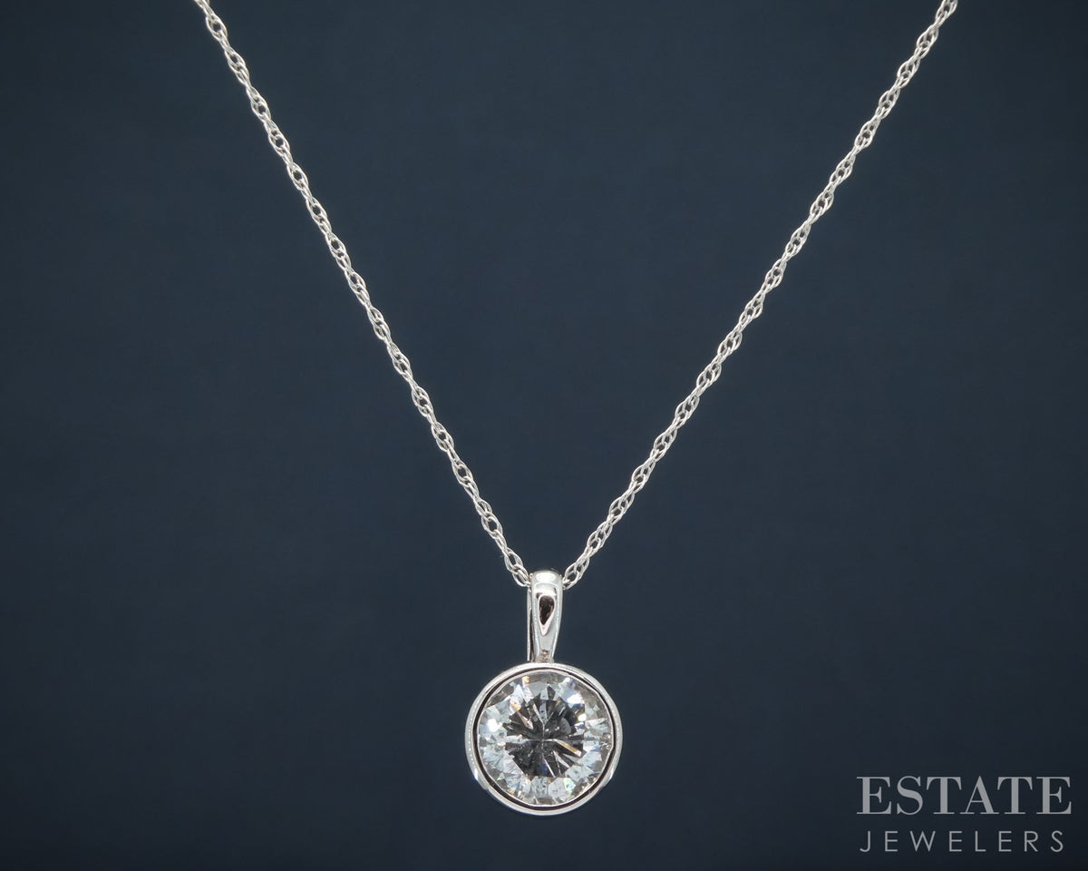 14k White Gold Round Natural 1.96ct Diamond Bezel Solitaire Necklace 2.5g p30614