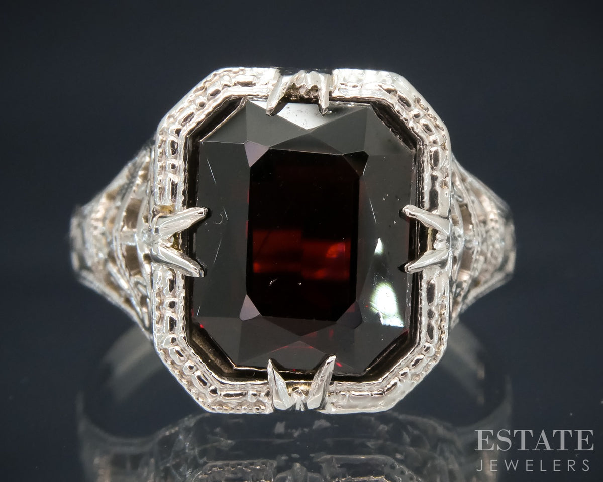 Antique 14k White Gold Natural Garnet Filigree Ring 3.3g p29424