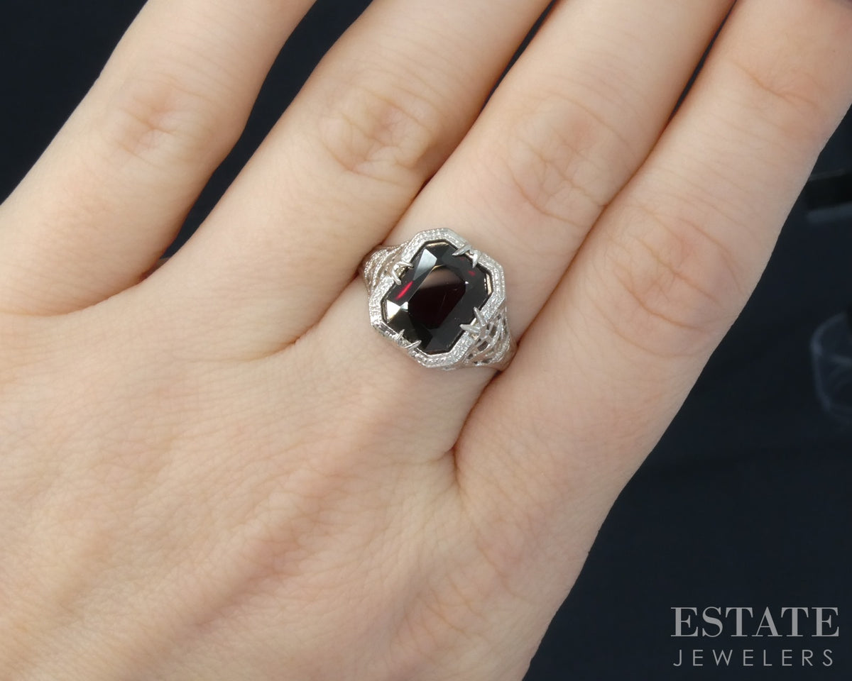 Antique 14k White Gold Natural Garnet Filigree Ring 3.3g p29424