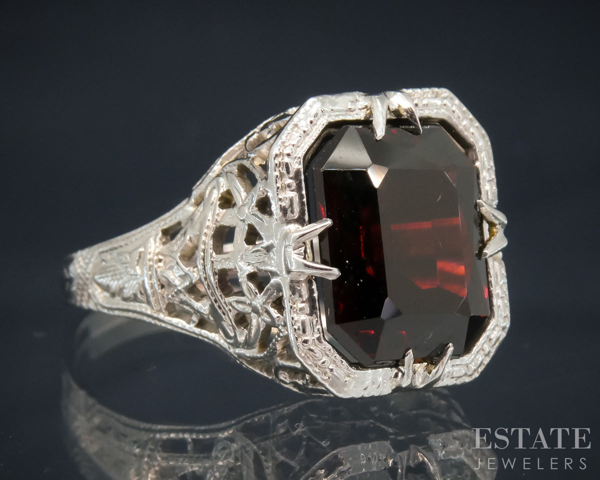 Antique 14k White Gold Natural Garnet Filigree Ring 3.3g p29424