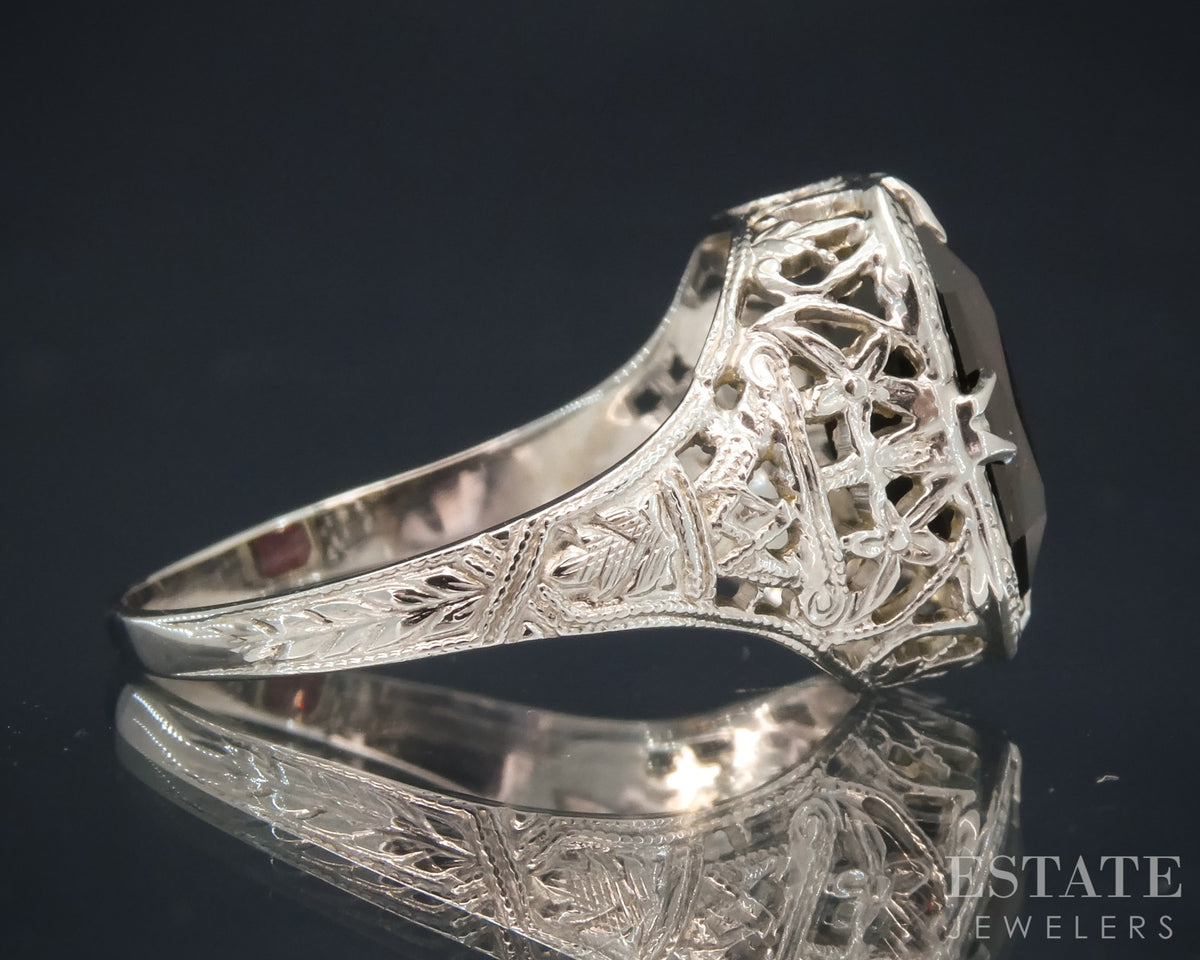 Antique 14k White Gold Natural Garnet Filigree Ring 3.3g p29424