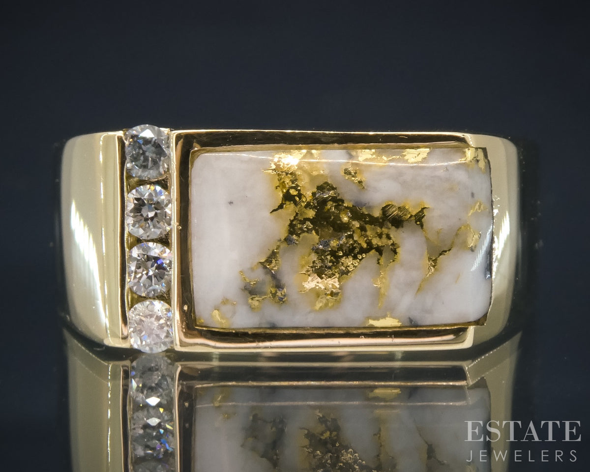 14k Yellow Gold Natural Gold Bearing Quartz & Diamond Mens Ring 13.3g p30664