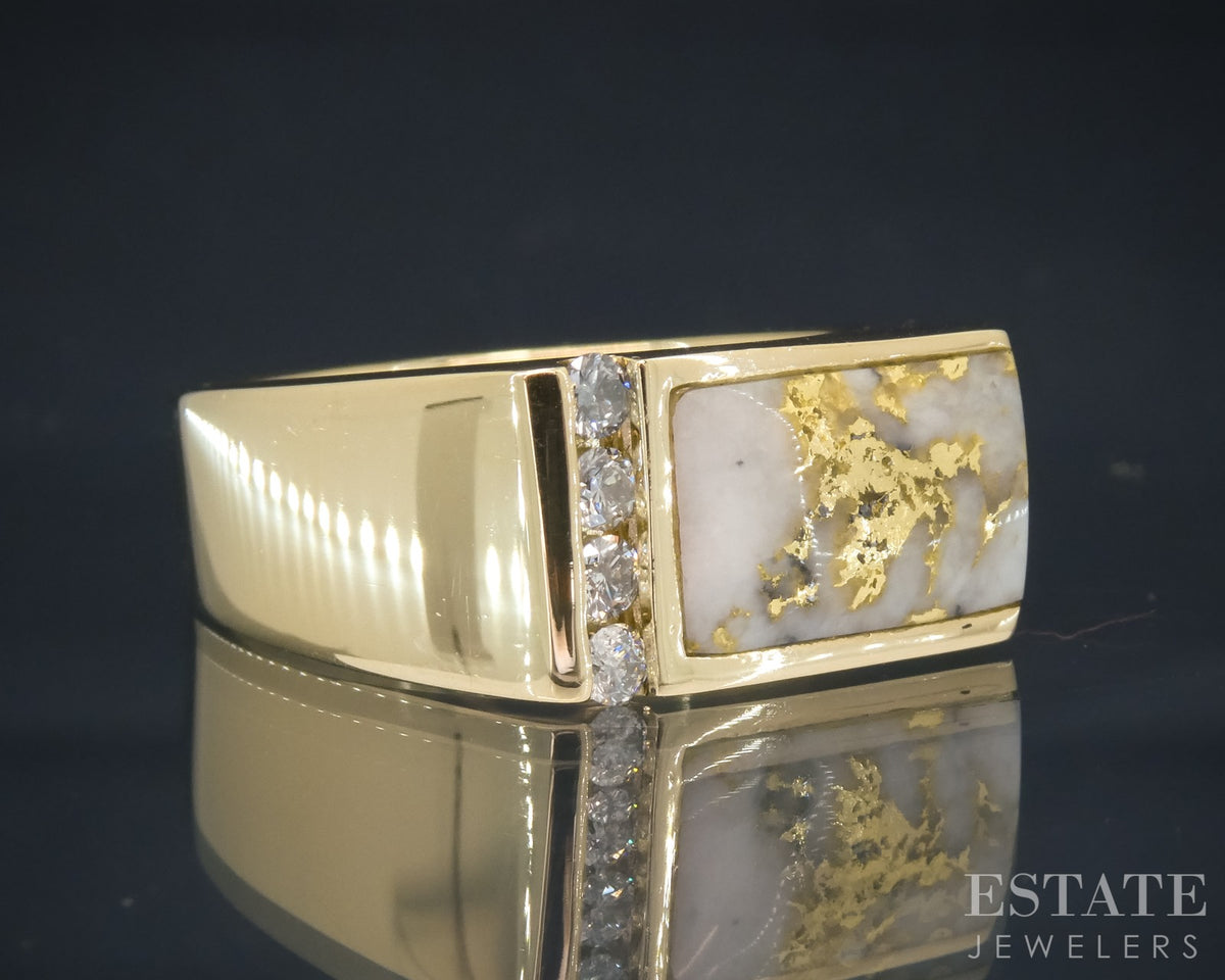 14k Yellow Gold Natural Gold Bearing Quartz & Diamond Mens Ring 13.3g p30664