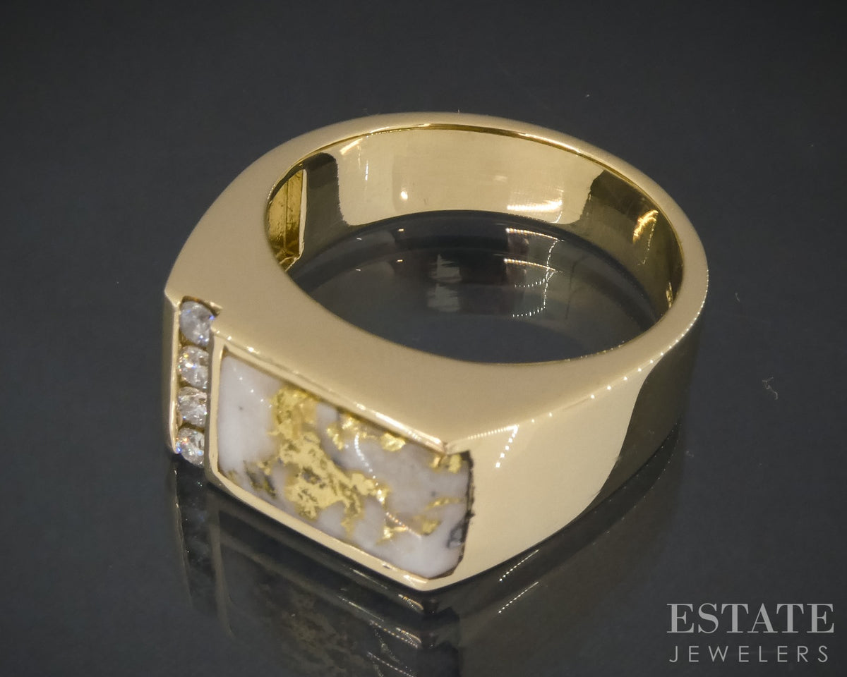 14k Yellow Gold Natural Gold Bearing Quartz & Diamond Mens Ring 13.3g p30664