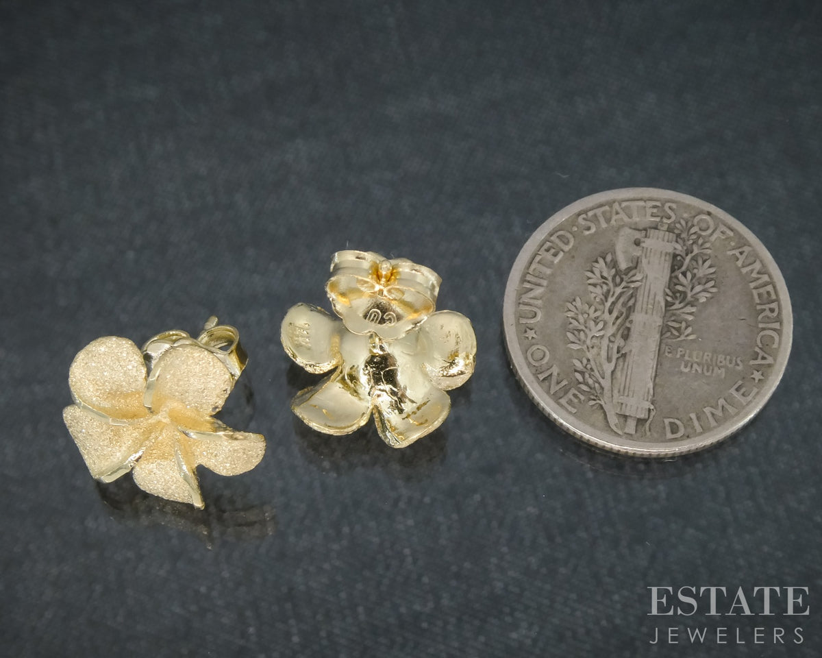 10k Yellow Gold Plumeria Flower Stud Ladies Earrings 2.3g p30715b