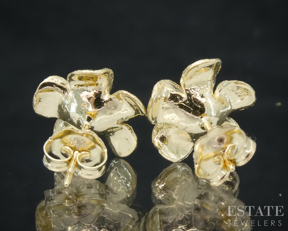 10k Yellow Gold Plumeria Flower Stud Ladies Earrings 2.3g p30715b