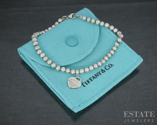 Sterling Tiffany & Co. Return Heart Charm Beaded Chain Bracelet 7.25"L p30515b