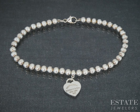 Sterling Tiffany & Co. Return Heart Charm Beaded Chain Bracelet 7.25"L p30515b