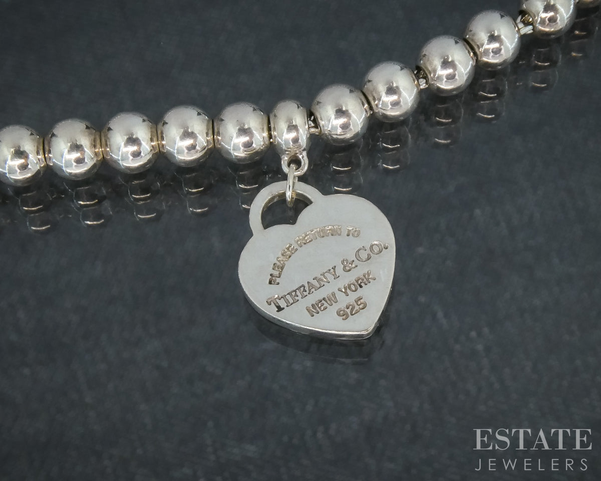 Sterling Tiffany & Co. Return Heart Charm Beaded Chain Bracelet 7.25"L p30515b