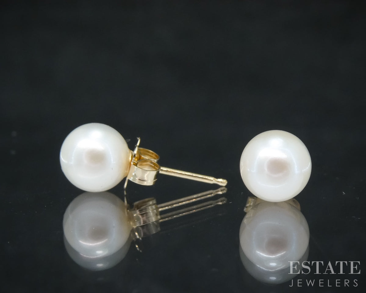 14k Yellow Gold 6mm Akoya Pearl Stud Ladies Earrings p30576b