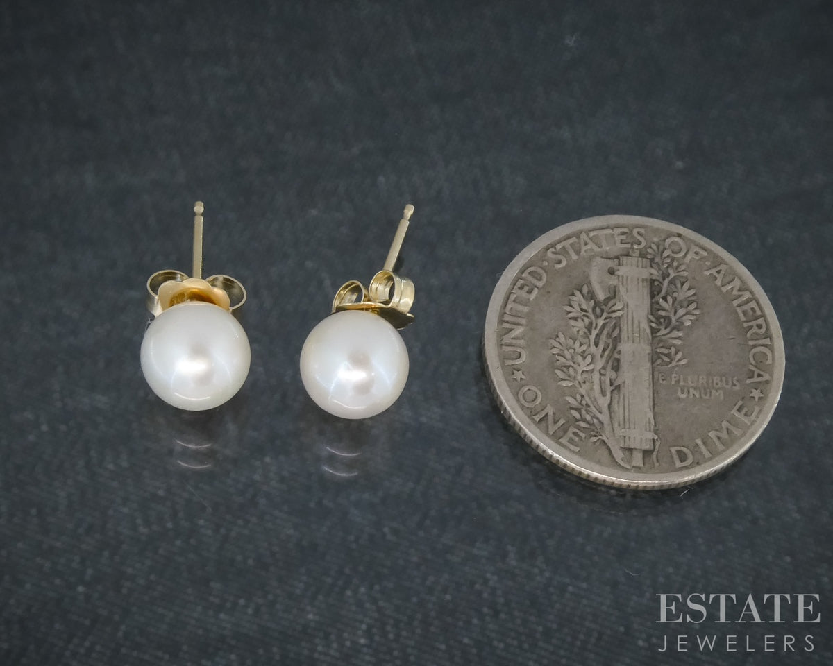 14k Yellow Gold 6mm Akoya Pearl Stud Ladies Earrings p30576b