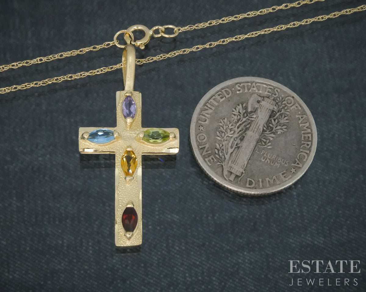 14k Yellow Gold Natural Multi Gem Cross Ladies Necklace 1.7g 18"L p30387b