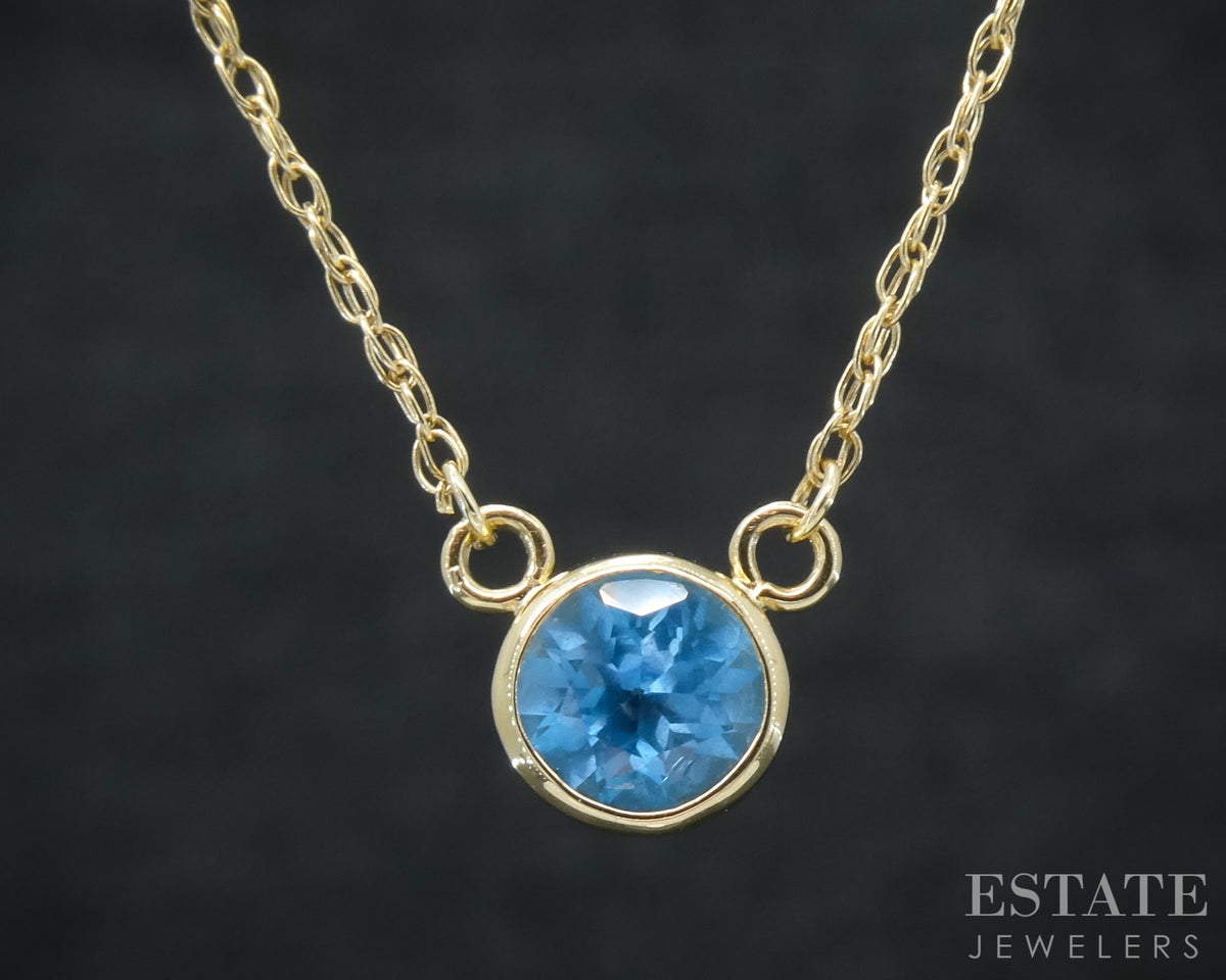 14k Yellow Gold Round Natural Blue Topaz Bezel Solitaire Necklace 18"L p30216b