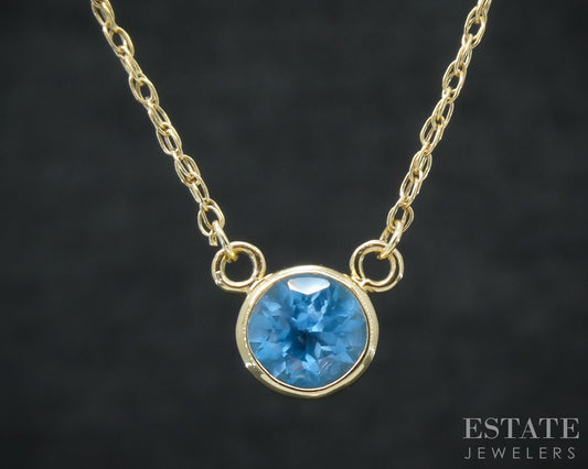 14k Yellow Gold Round Natural Blue Topaz Bezel Solitaire Necklace 18"L p30216b