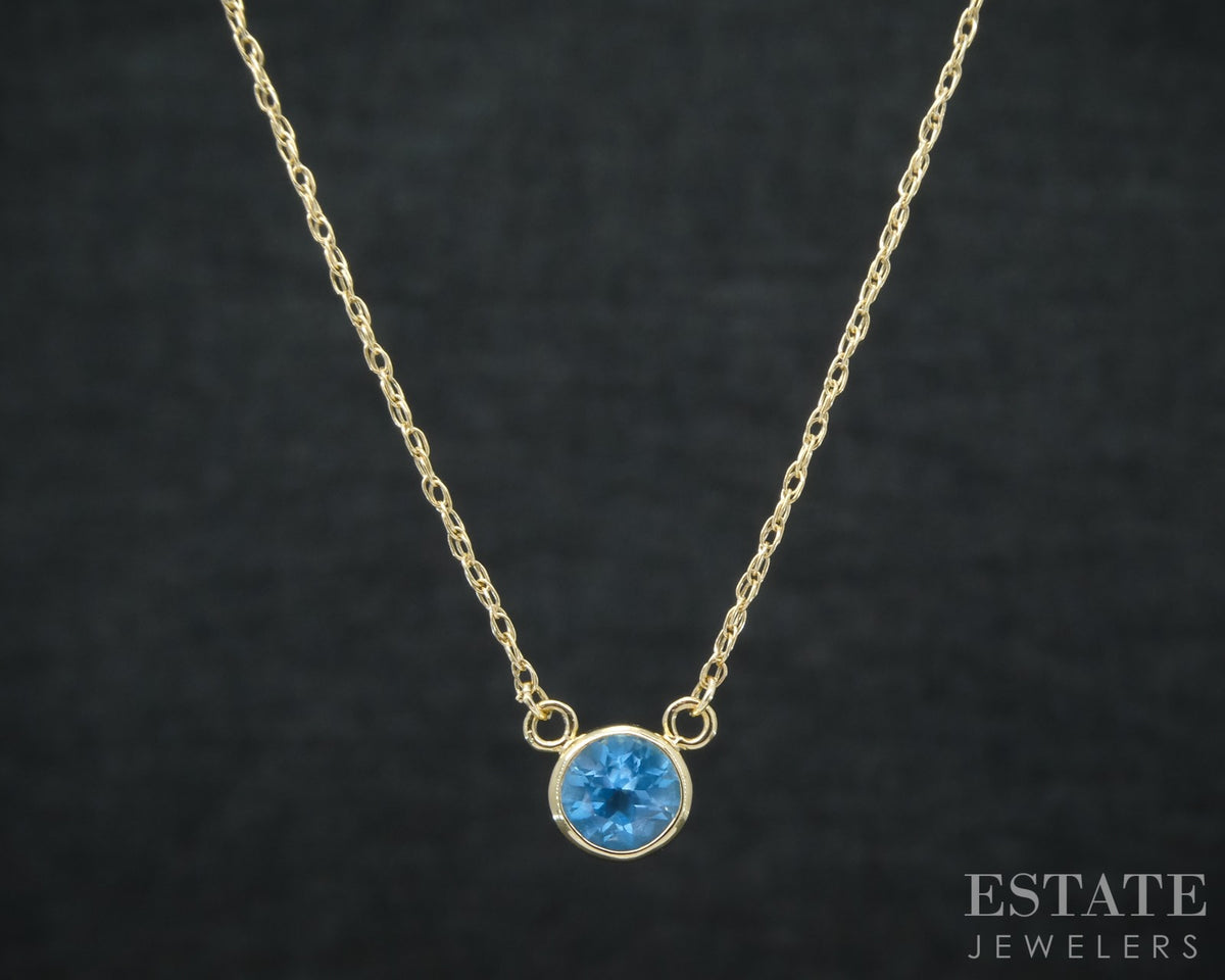 14k Yellow Gold Round Natural Blue Topaz Bezel Solitaire Necklace 18"L p30216b