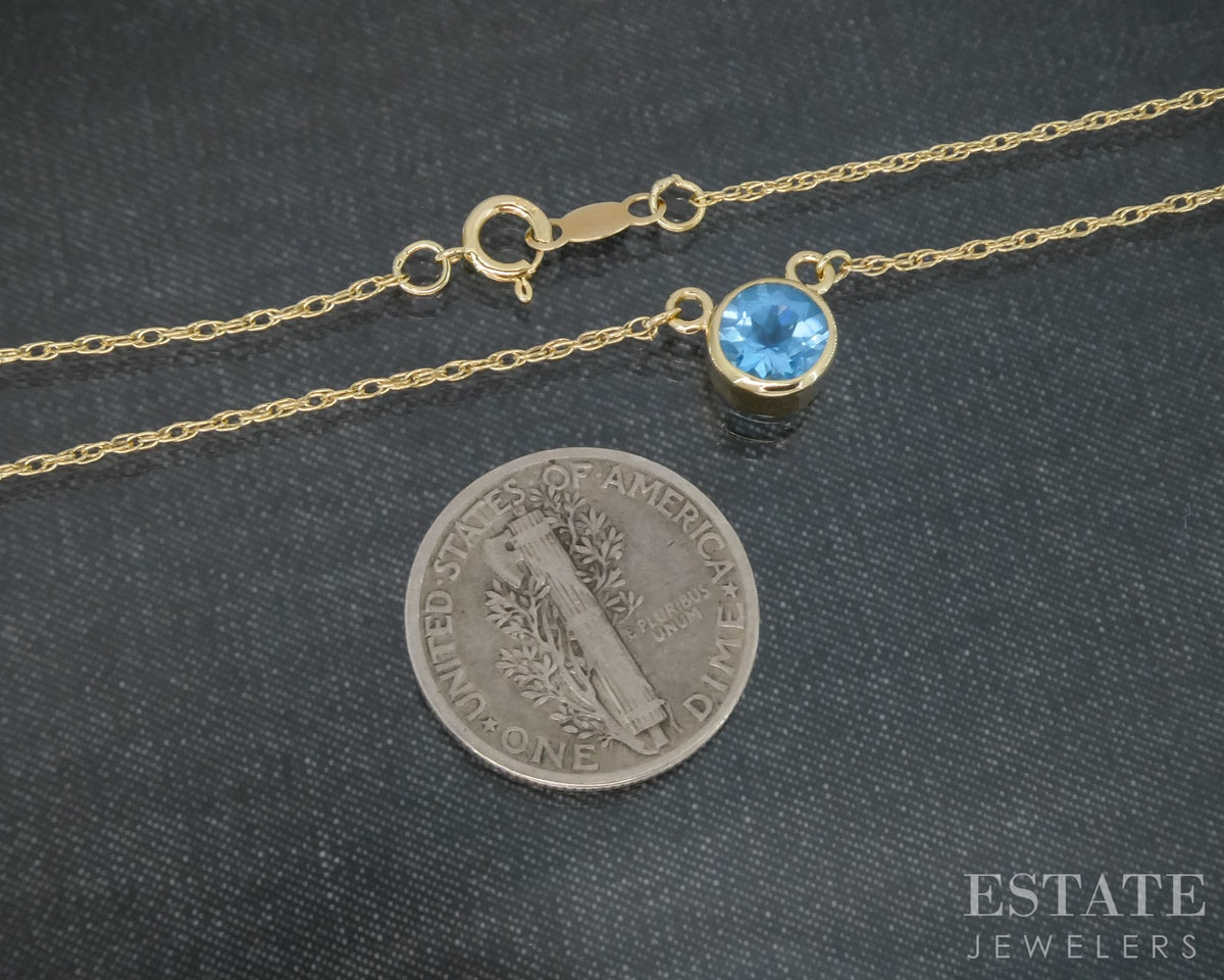 14k Yellow Gold Round Natural Blue Topaz Bezel Solitaire Necklace 18"L p30216b