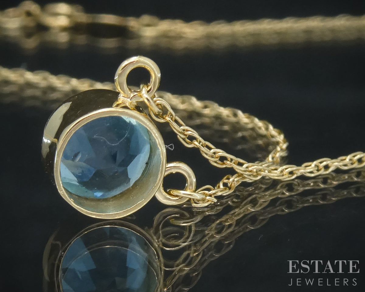 14k Yellow Gold Round Natural Blue Topaz Bezel Solitaire Necklace 18"L p30216b